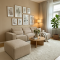 Cozy living room with beige sectional sofa, wooden coffee table, and framed botanical prints on the wall.