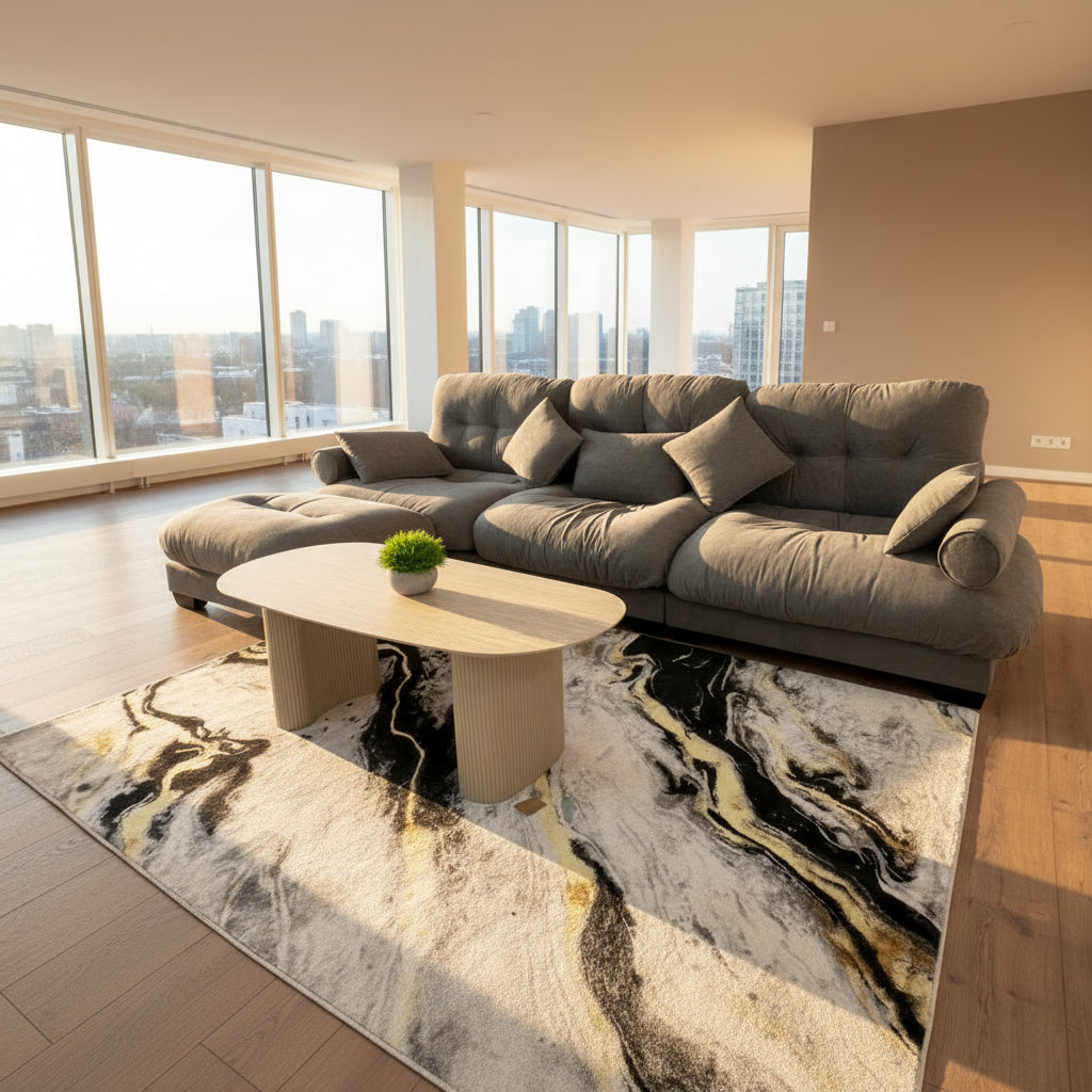 Gray sofa in a room with a marble-patterned rug and a small table.