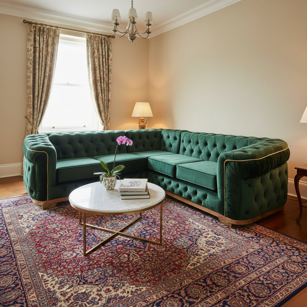 Emerald Chesterfield Corner Sofa – Luxury Handcrafted Velvet Statement Piece