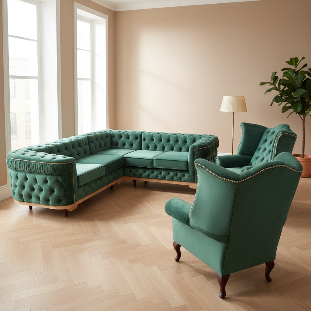 Green velvet sofa set with 'Velora Living' branding on a plain background