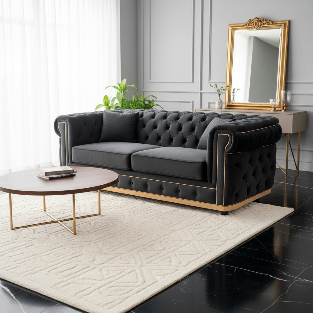 Gray tufted sofa on a black marble floor with 'Velora Living' branding.